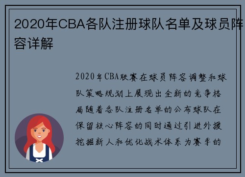 2020年CBA各队注册球队名单及球员阵容详解